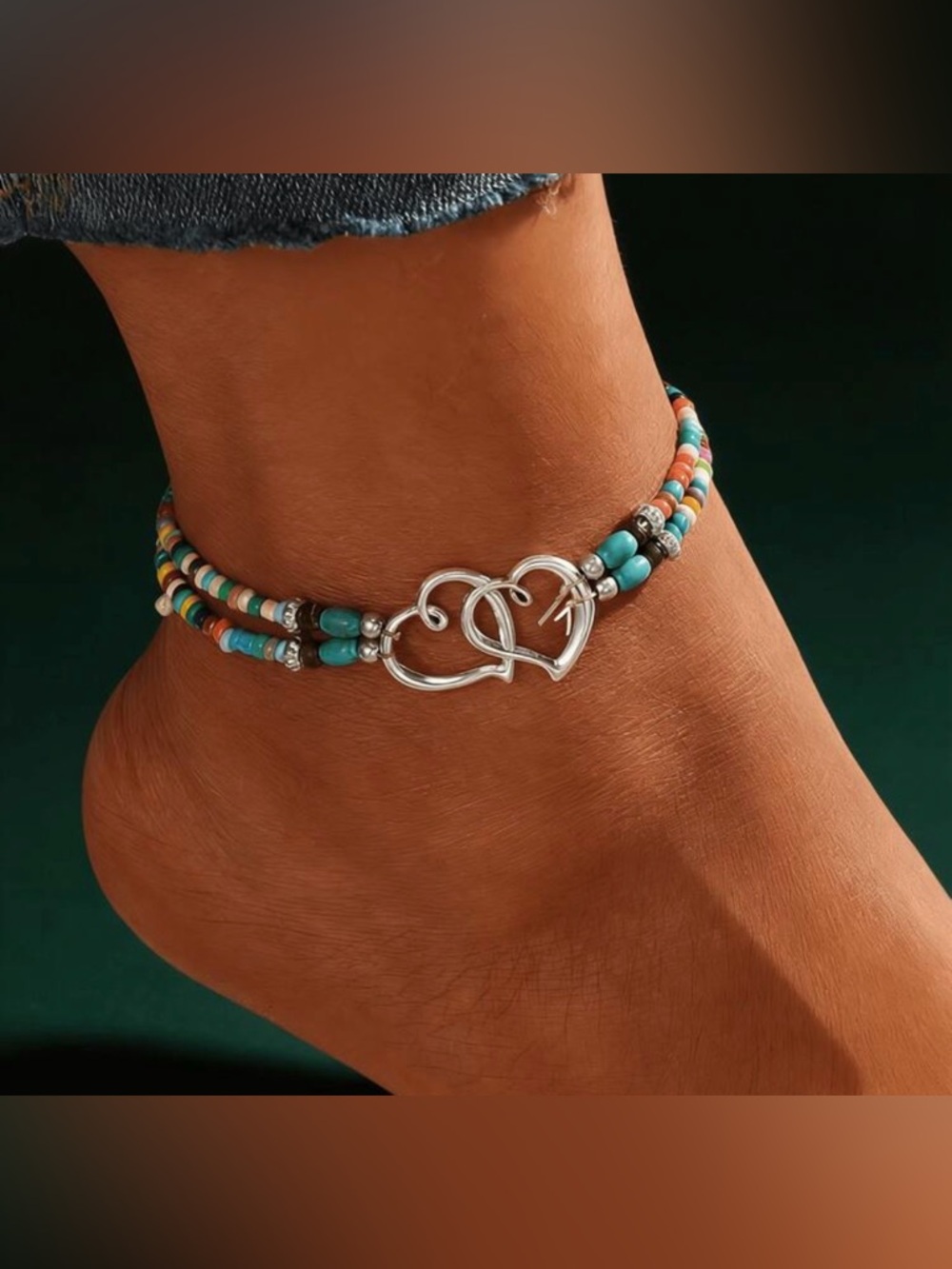 Double Heart Beaded Anklet M748